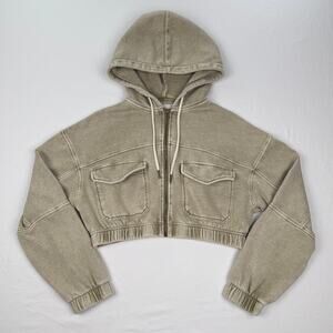 Urban Outfitters 'Yogi' Cropped Zip Hoodie Washed Khaki Beige Utility Pockets